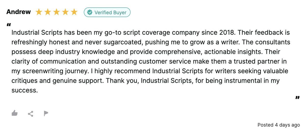 Indust_Scripts's tweet photo. "Their feedback is refreshingly honest and never sugarcoated..."
We're glad to help, Andrew!
Check out over 600 reviews of us here >> https://t.co/vkyjbkffhq
Book script coverage here >> https://t.co/o59LQNThfl
#screenplay #screenwriting #tvwriting #moviewriting #script https://t.co/3vzbqwsWhj