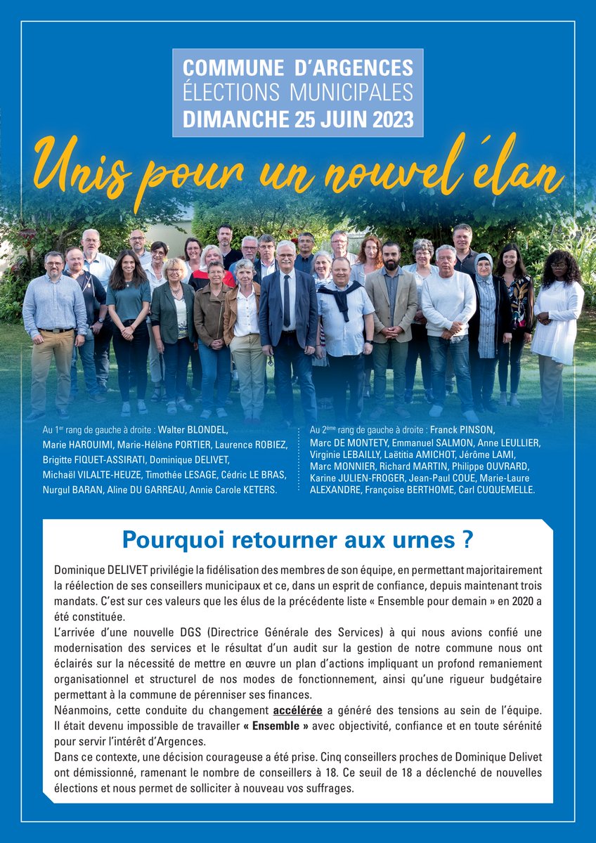 UnisNouvelElan's tweet photo. Bienvenue sur le compte Twitter de campagne de la liste « Unis pour un nouvel élan » dirigée par #DominiqueDELIVET, Maire sortant d’#Argences.
Élections municipales des 25 juin et 2 juillet 2023. @UnisNouvelElan https://t.co/hVm7Ij8oVV