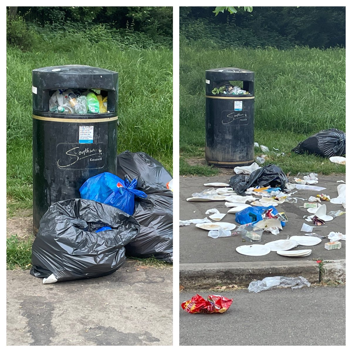 Come on <a href="/lb_southwark/">Southwark Council</a> and <a href="/idverdeUK/">idverde UK</a> - so much avoidable rubbish! Volunteers can only do so much. Third pic is 8.15pm v 8.15am. What’s happened to the eurobins, crammed full and unemptied for weeks? Why was our bid for bigger bins grant rejected? <a href="/margynewens/">Margy Newens 🌹</a> <a href="/RM_Leeming/">Richard Leeming</a>