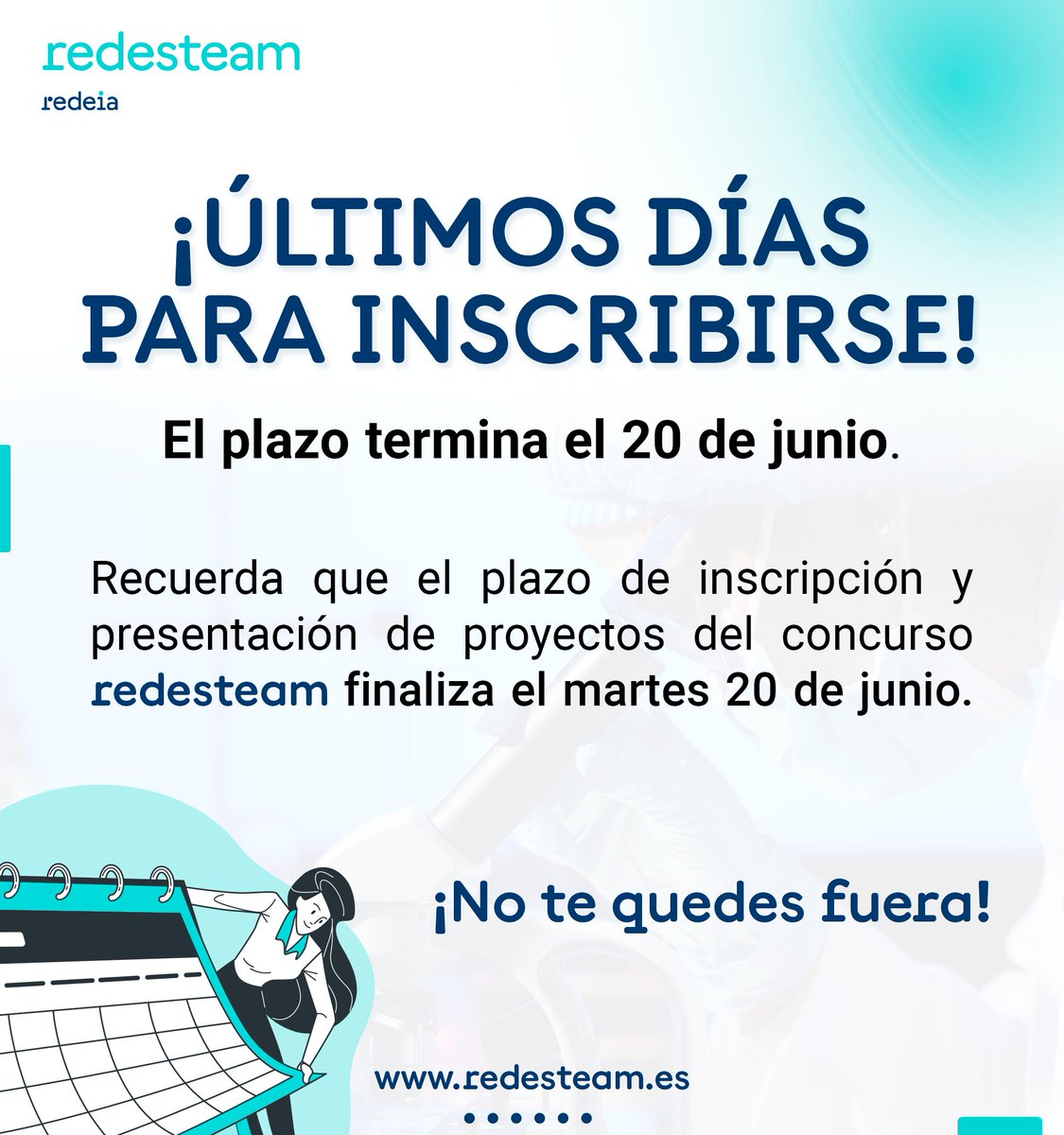 ¡Date prisa! últimos días para presentar tus equipos y proyectos a los #retos #RedeSTEAM
¡Hasta el 20 de junio!

#concursoSTEAM23 #educación #STEAM #adolescentes #ESO #FP