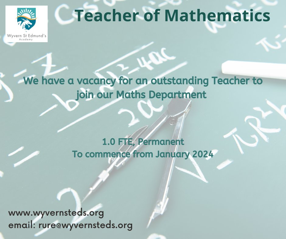 wyvernstedmunds's tweet photo. Wyvern St Edmund's (WSE) have an opportunity for an outstanding Teacher of Mathematics to join our team.

A full application pack is available on our website:
https://t.co/JrGttuVvSl

Deadline for applications is 9am Monday 3rd July 2023. https://t.co/SKxkVQJgDc