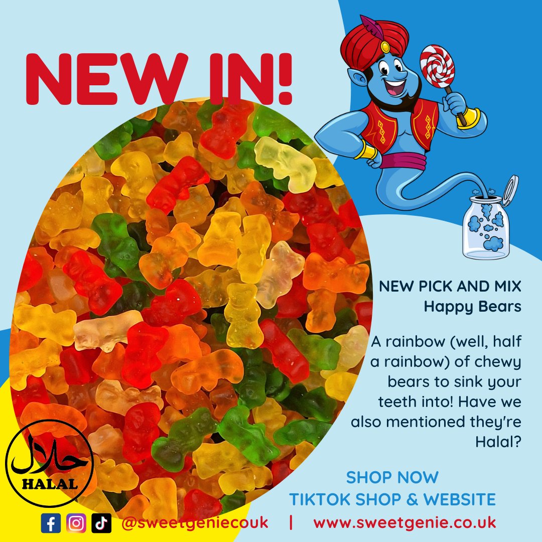 SweetGenieCoUk's tweet photo. Happy Bears - now available as a part of our Pick and Mix range. Halal suitable. Shop now on our website OR TikTok shop!

#sweetgeniecouk #sweets #pickandmix #halalsweets #halal #sweetshop #sweeties #candy #tuckshop #chocolate #new #yummy #yum #gummybears #candybears #happybears https://t.co/LvRfMvzEUw