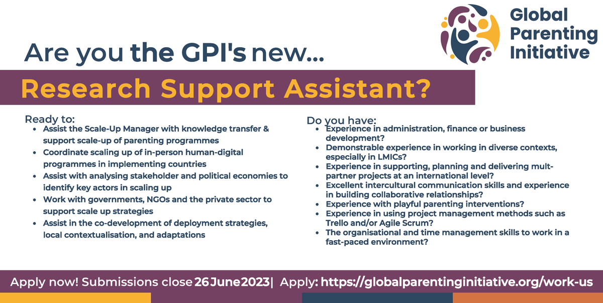 GPI_Parenting's tweet photo. The GPI & @DSPI_Oxford seek experienced #Research Support Assistant to help with #ScalingUp their efforts to share #HumanDigital #ParentingProgrammes with #LMIC
Deadline: 26 June 2023
Read more and apply:
https://t.co/qaP0erAyA5
#ResearchJobs #ScaleUp #OxfordJobs https://t.co/RYErz9vACp