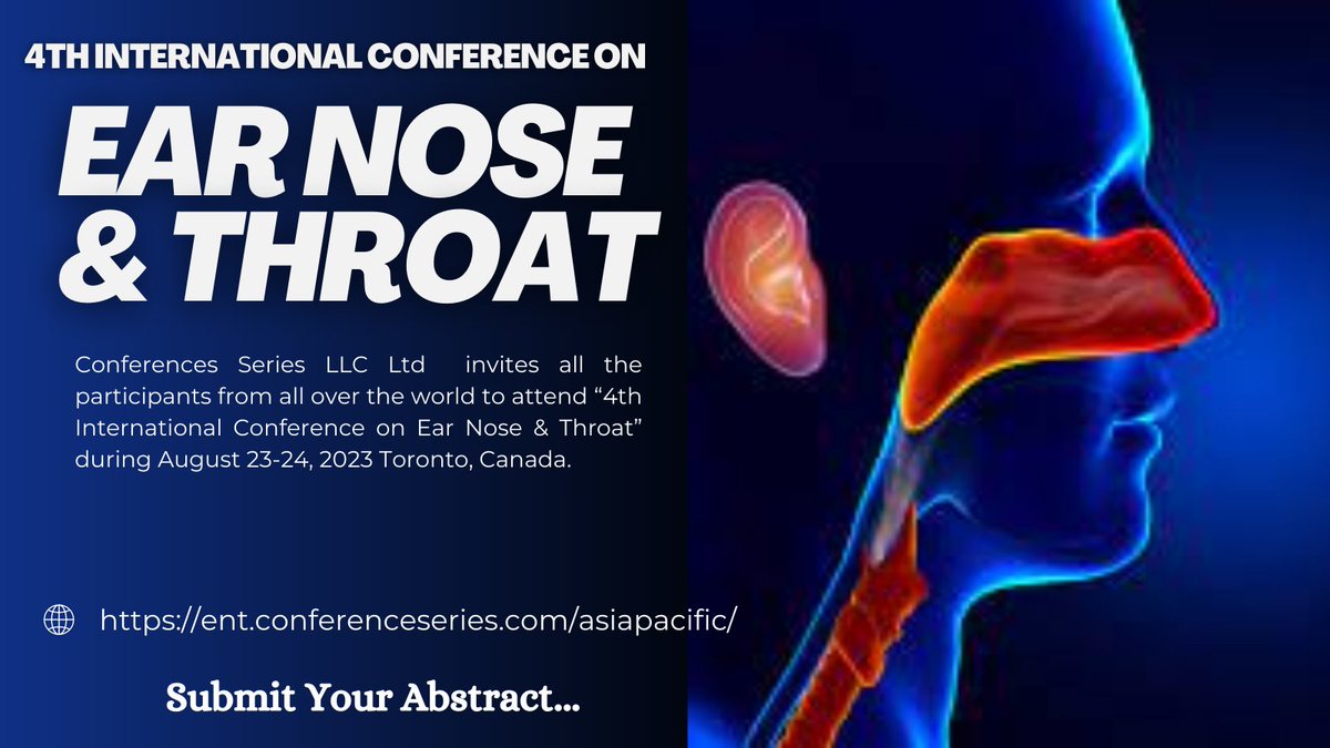 JackLew21486255's tweet photo. 4th International Conference on Ear Nose & Throat August 23-24, 2023 Toronto, Canada
Meet Inspiring Speakers and Experts
Submit your Abstract
#Ent #ThroatSpecialist #speaker https://t.co/WLJVSqRIUZ