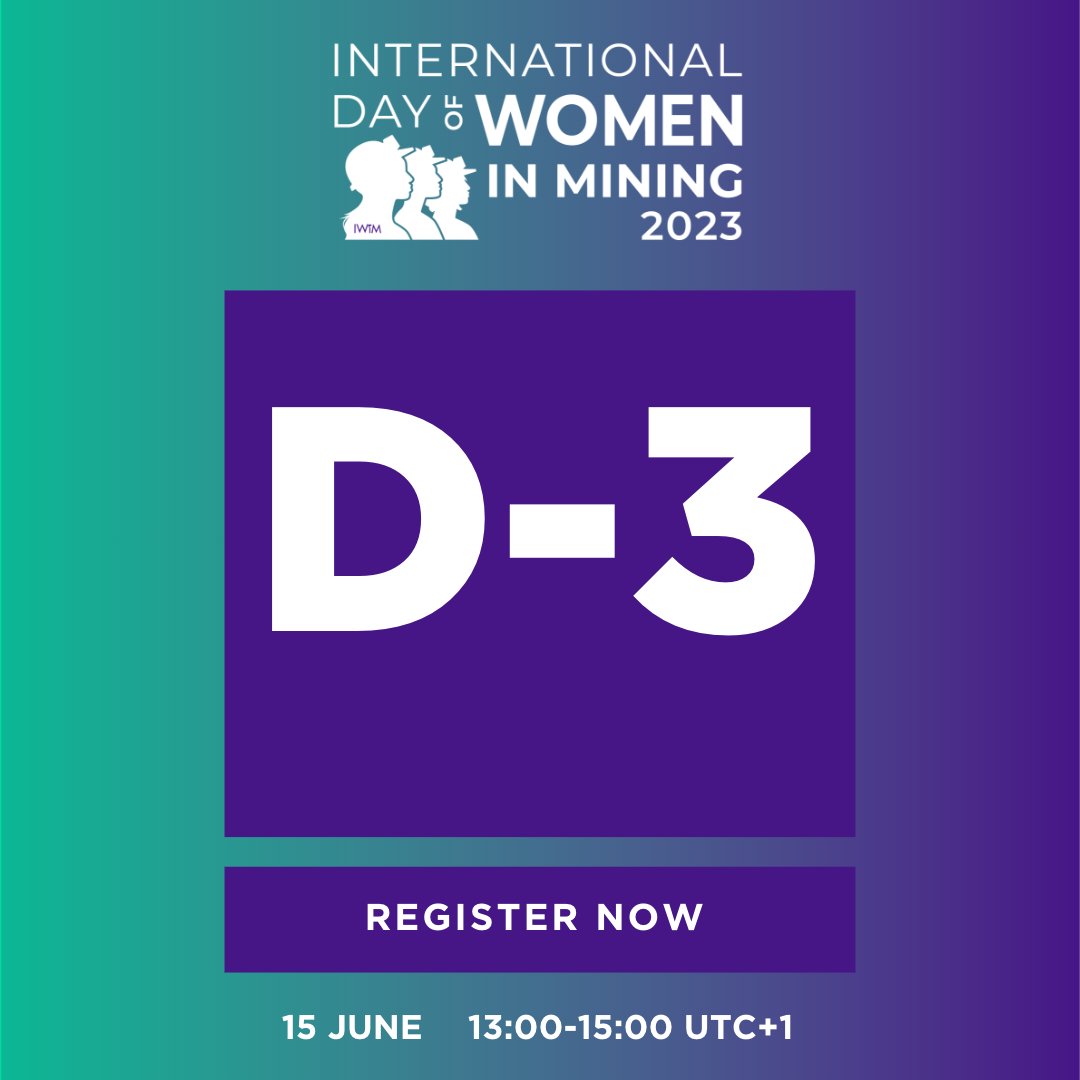 IntWIM's tweet photo. 3 DAYS TO GO! The global mining industry is invited to participate in the 2-hour virtual event focused on how "Equity in Mining is Everyone's Responsibility". Register 👉 https://t.co/RF7XZB92Nj
#womeninmining #genderinmining #InternationalDayOfWomenInMining https://t.co/xCzyCsbjzF
