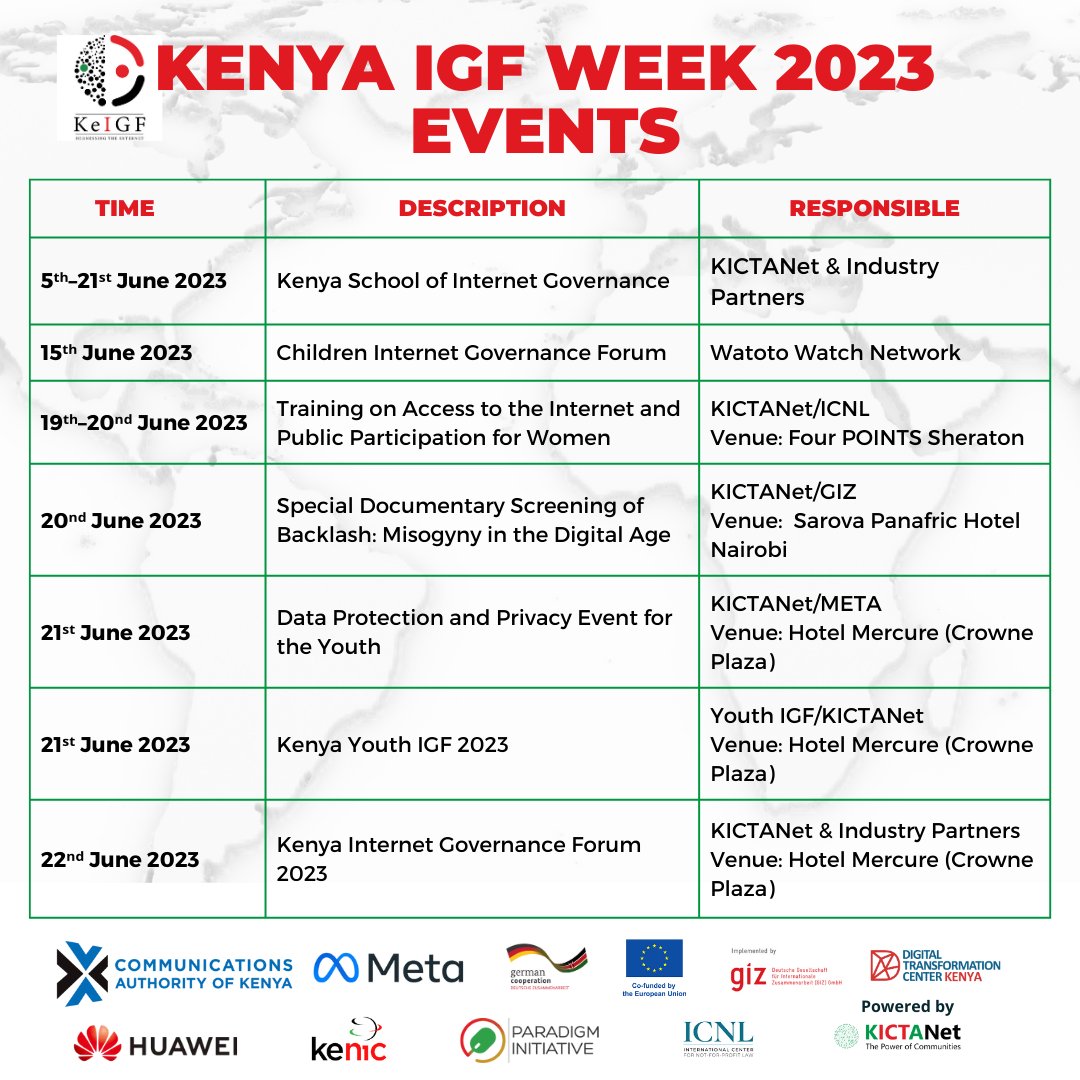 We have a series of events for you at the Kenya Internet Governance Forum Week 2023 including:
1. Kenya School of Internet Governance (KeSIG)

2. Children Internet Governance Forum(IGF) <a href="/WatotoWatchNet/">Watoto Watch Network</a> 

3. Training on Access to the Internet and public participation for women

4.