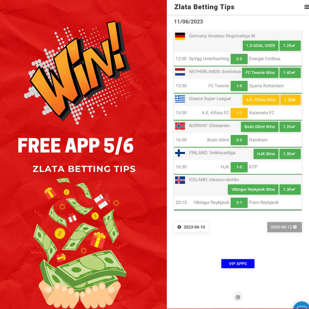 zlatabettingtip's tweet photo. FREE APP 5/6 WINS AGAIN ⚽💰

📌https://t.co/MVqTFuTnUr

#zlataibrahimov #zlatabettingtips #bettingtips #betting #football #bettingfootball #bettingtipster #bettingfootballtips #vip #viptips #bettingodds #footballbetting #youwin #fixedmatch #vipmatch #highestodds #vipbetting https://t.co/CiNcFNdER6