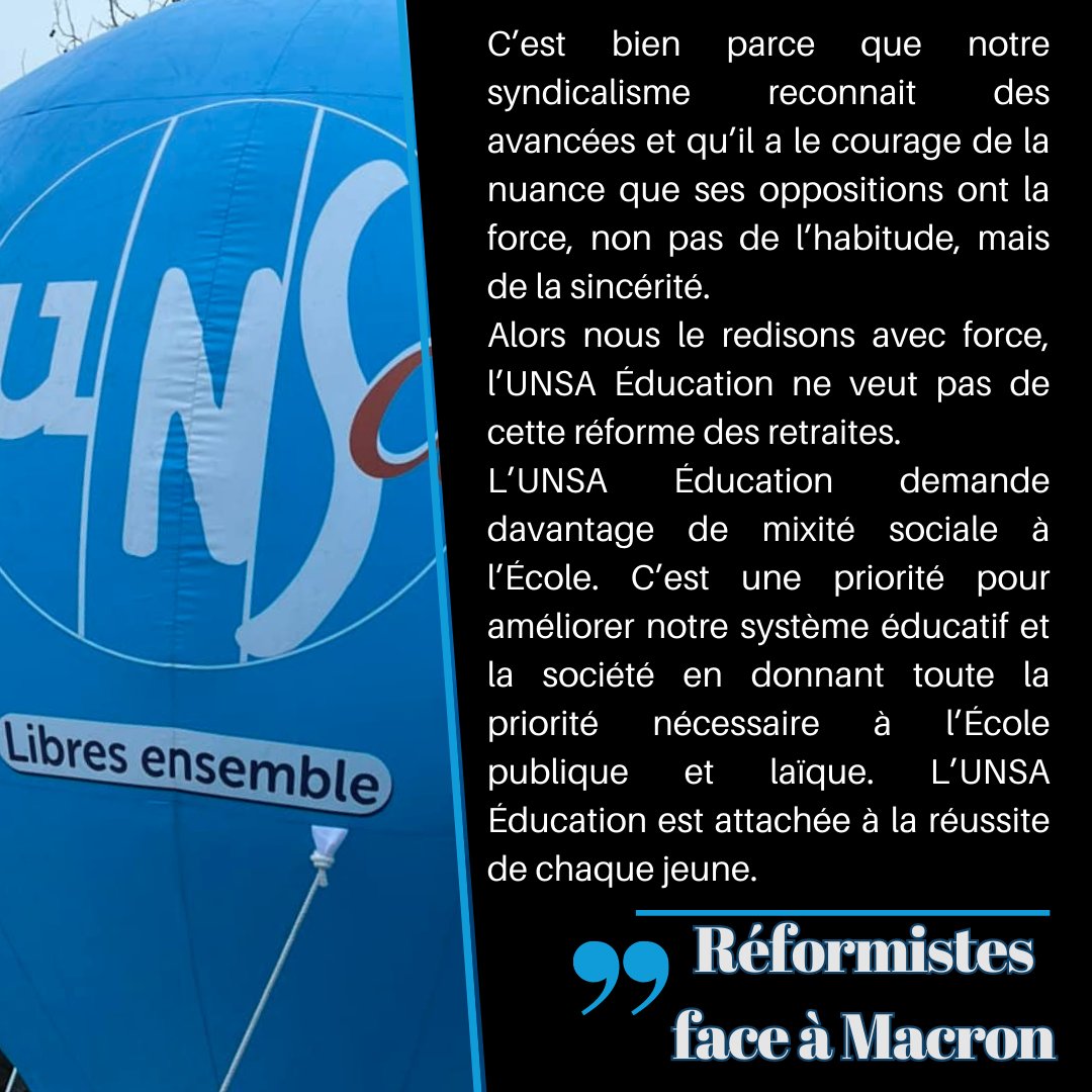 UnsaEducIDF's tweet photo. L’UNSA Éducation dénonce la responsabilité du président de la République qui, avec la réforme des retraites, a amplifié la crise sociale. Le dire haut et fort, c’est affirmer notre syndicalisme réformiste.
https://t.co/J3YCDHuTa6
#unsaeducation #reforme #PacteEnseignant https://t.co/NxKDBHJQ81