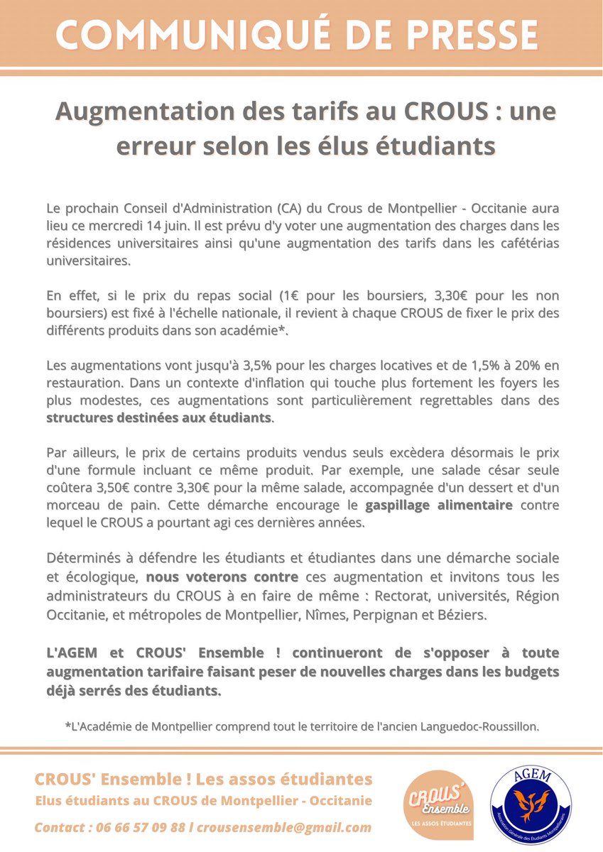 📈Bientôt une hausse des tarifs au #CROUS ?

❌ Nous voterons contre !