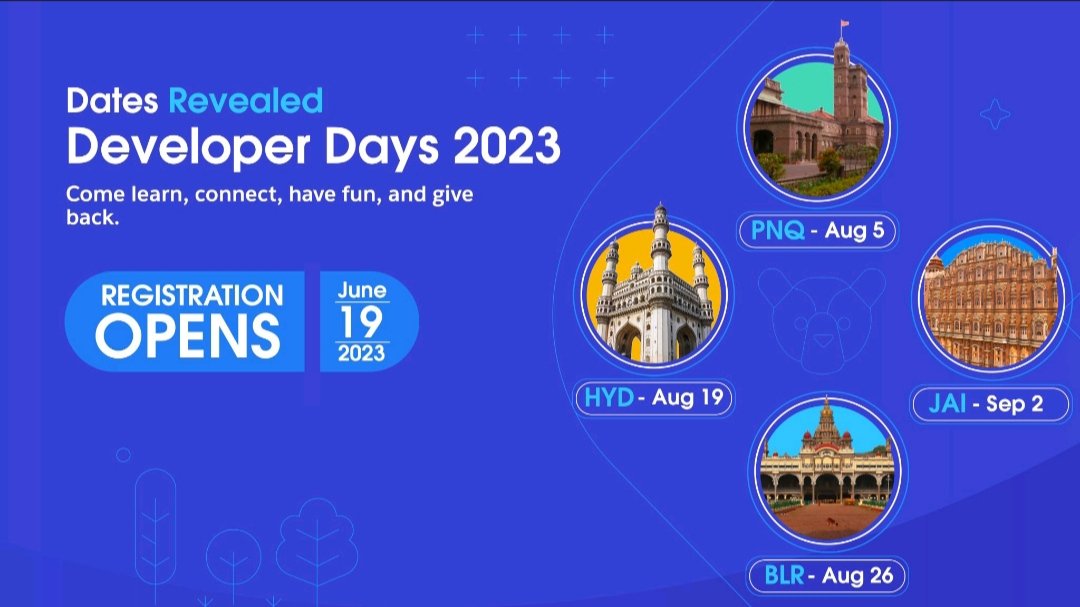 RizwanIND's tweet photo. 📣 Save the date! Salesforce Developer Days are coming soon! Registration opens on June 19th. Don't miss out on this opportunity to level up your Salesforce development skills. #SalesforceDeveloperDays

🔗 LinkedIn Post: [Link](https://t.co/HRgGxwez1I) https://t.co/j45lShkeI5