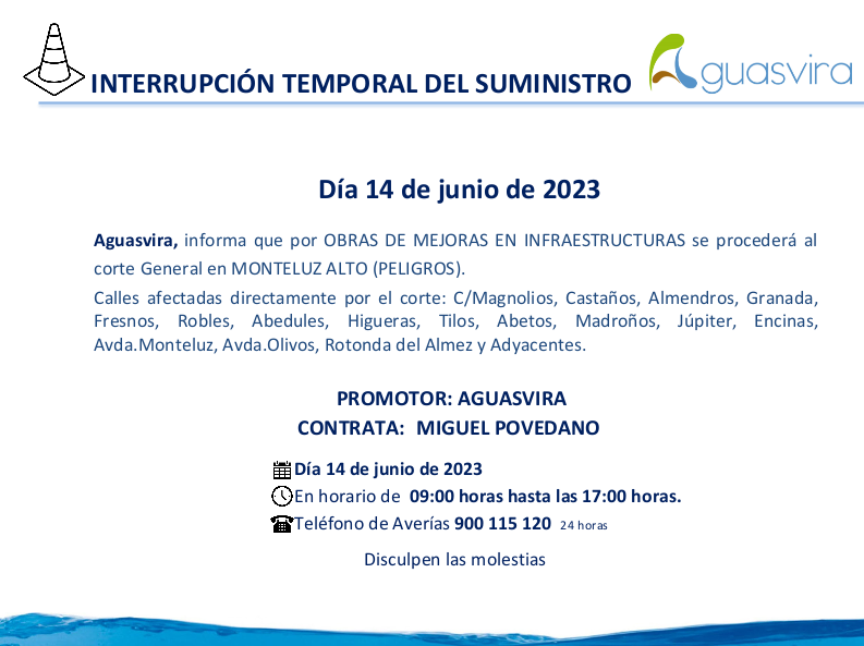 📢AVISO!!! Cortes programados en #MonteLuz #Peligros 
📆Miércoles 14 de junio de 9:00 a 17:00 h
Obras de mejora de infraestructuras 
Puede quedar afectada parcialmente, alguna zona adyacente. Disculpen las Molestias.