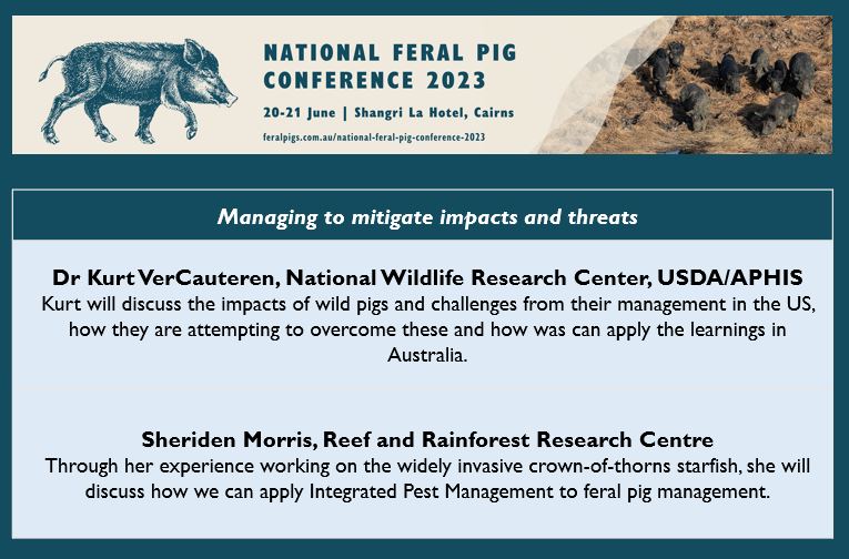 Meet our invited speakers for #NationalFeralPigConference2023!!
Over the week, we will be introducing some of our informative invited speakers.
First up we have Dr Kurt VerCauteren and Sheriden Morris
To read more please visit feralpigs.com.au/national-feral… 

#Nationalferalpigactionplan