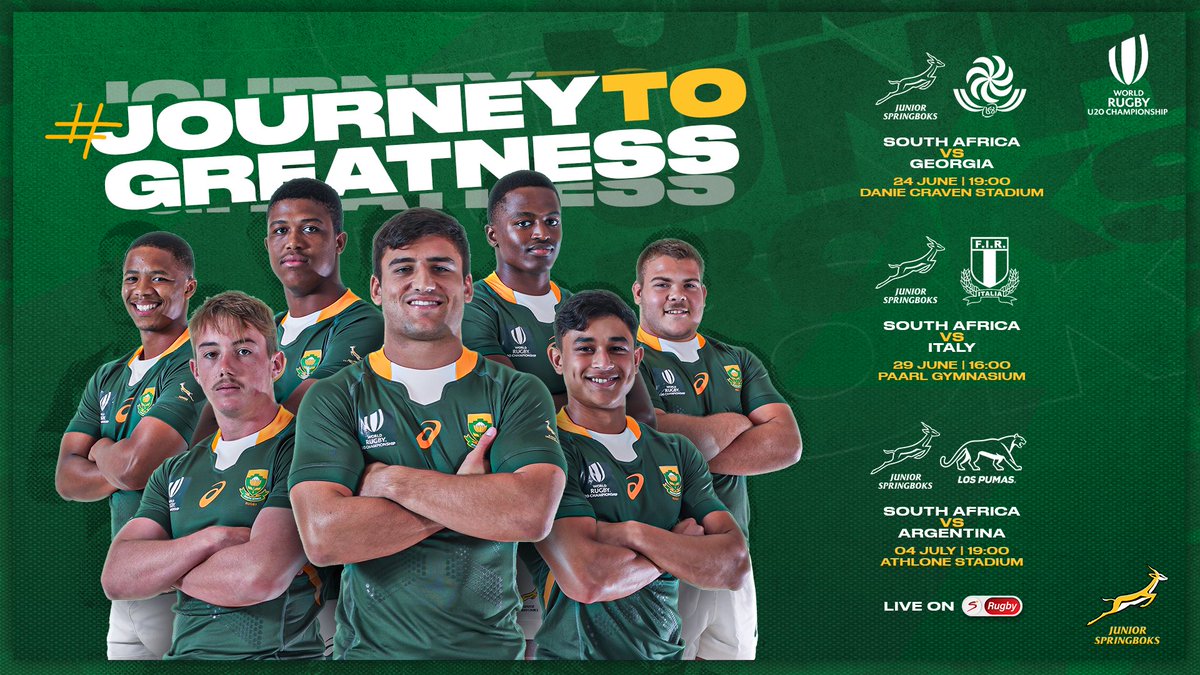 SAJuniorRugby's tweet photo. 🇿🇦🏆 The #JuniorBoks are ready to battle it out at the #WorldRugbyU20s 

🎟️ Catch our young stars in action. Grab your tickets from Ticketmaster: https://t.co/9E0EKXEsgk 

#JourneyToGreatness https://t.co/9b7KUbokyl