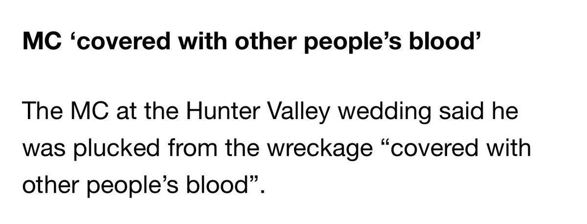 5ebastn's tweet photo. @carey_alexis is it absolutely necessary to write MC ‘covered with other people’s blood’ The MC at the Hunter Valley wedding said he was plucked from the wreckage “covered with other people’s blood”. https://t.co/vikVTcrcvX
