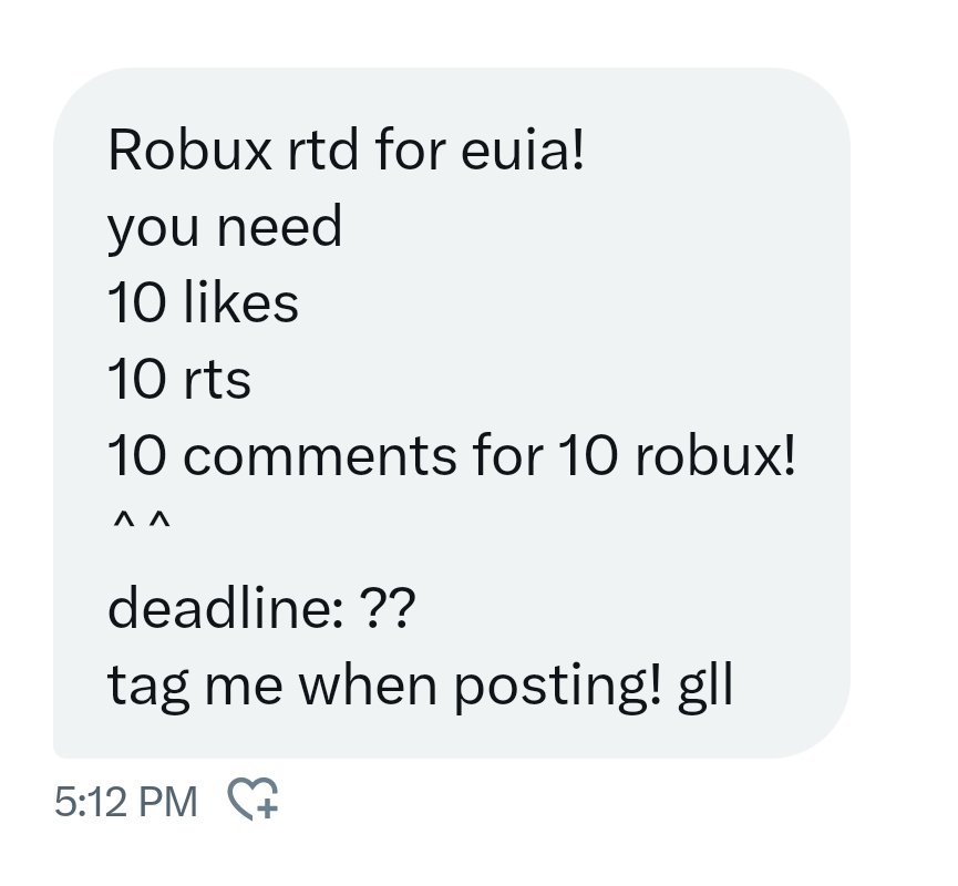 sceuia's tweet photo. rt deal from @s_ruqii ! help me reach it 🫰🏻
#rtdeal #rtd #robux #robuxrtd #robuxgw #robuxgws #robuxgiveaway #robuxgiveaways https://t.co/b95git9JVj