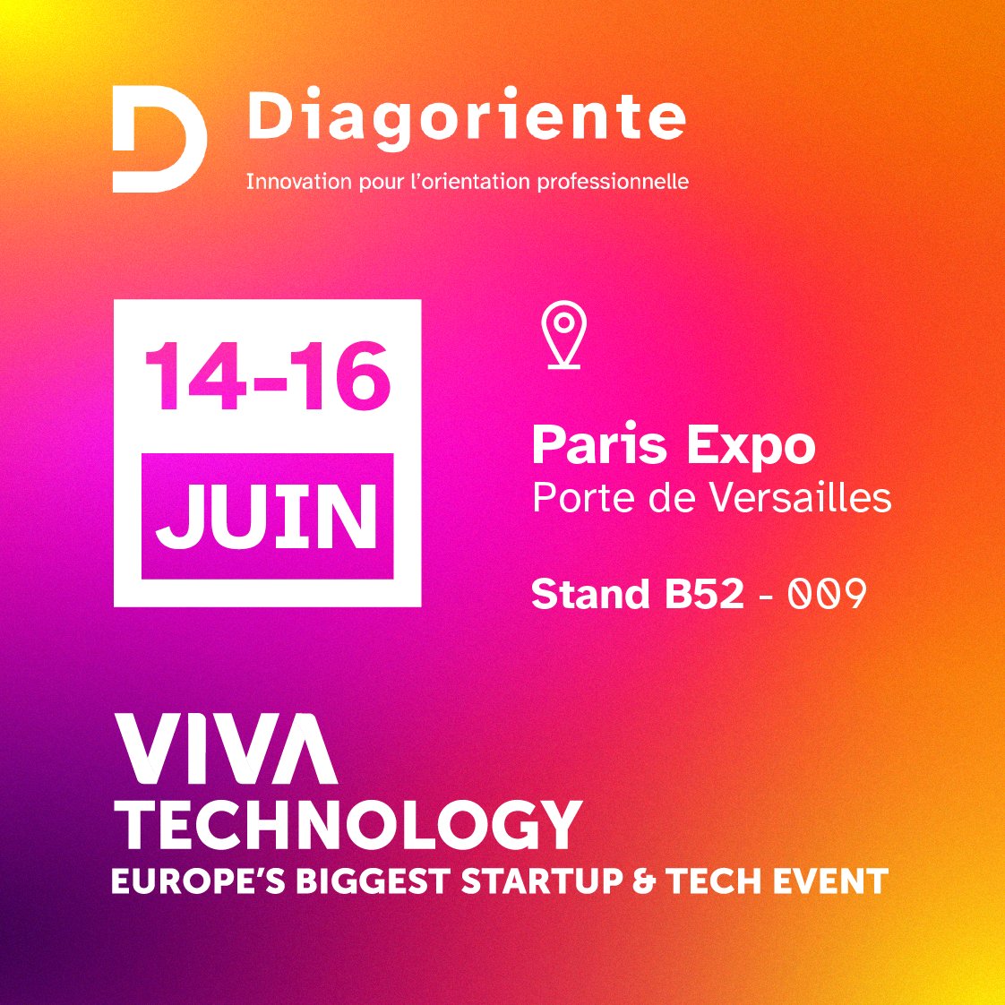 🔔 Diagoriente sera présente à #VivaTech à Paris le plus grand événement startup et tech d'Europe. 

Rendez-vous du 14 au 16 juin au stand B52 – 009, dans l'espace Start-up.
 
Vendredi 12h00, #talk pôle emploi avec le directeur adjoint de Diagoriente !

#innovation #compétences