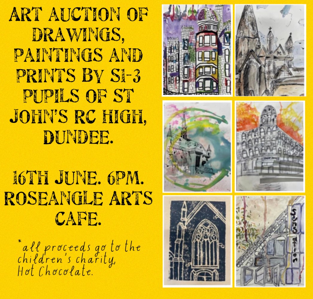 Join us this Friday at Roseangle Arts Cafe for the auction of some colourful works inspired by our city, Dundee. Money raised goes to @HotChocoTrust.