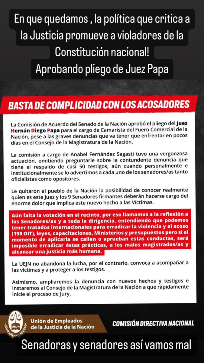 JulioPiumato's tweet photo. #JuezPapa #FueroComercial No se entiende como el Senado Nacional que tanto critica la Justicia apruebe pliego de ascenso a Camarista del Juez Papa denunciado por graves cargos de acoso y violencia laboral! Debería frenarse pliego hasta q finalice la investigación (Conv190-OIT) https://t.co/PRLPTmvJhX
