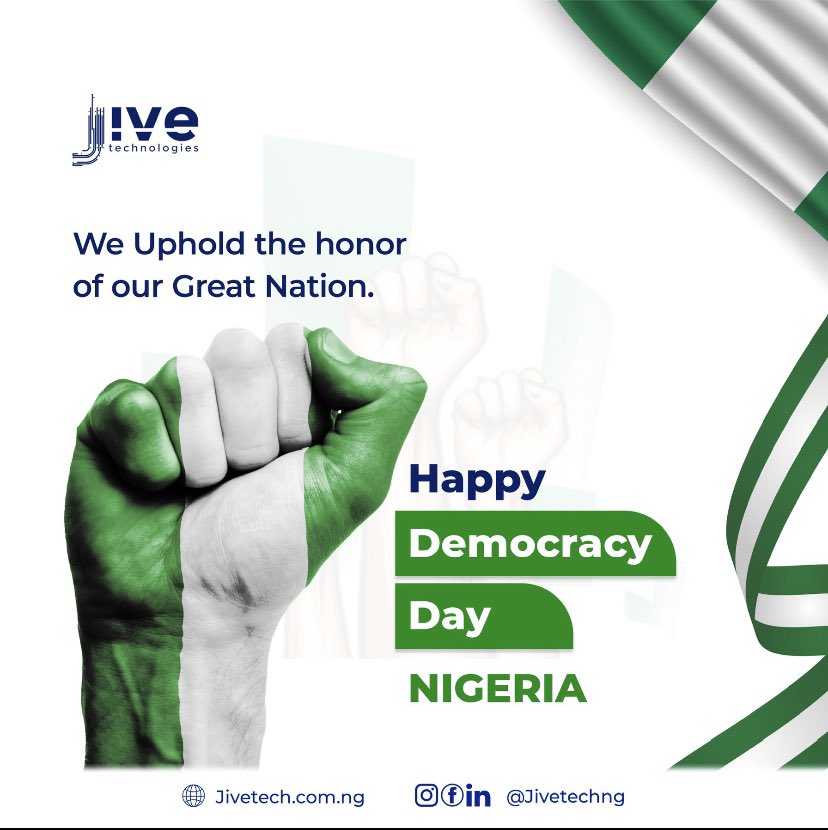 Jivetechnologi2's tweet photo. Let us celebrate in unity as we honour our Nation and celebrate it's Democracy.
Happy Democracy Day Nigeria
#choosejive #jivetech #educationmatters #edtech #schools #schoolmanagement #schoolsinnigeria #technology #basiceducation #edumtech #universities #learning #software https://t.co/EljNJxPPvW