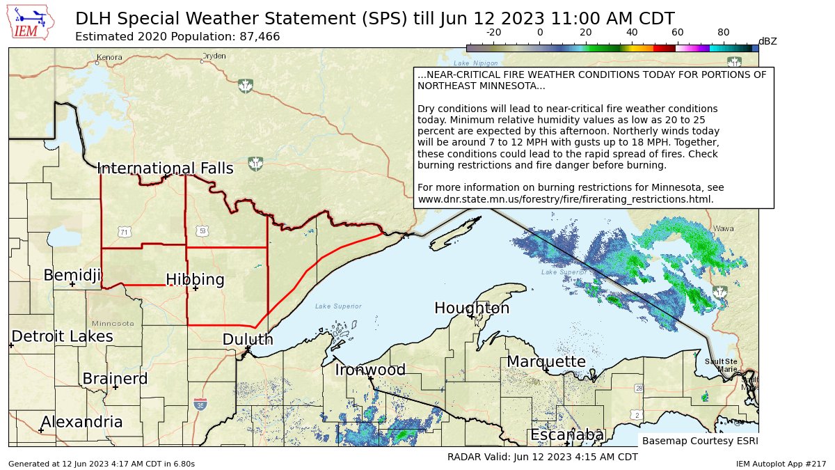 NEAR-CRITICAL FIRE WEATHER CONDITIONS TODAY FOR PORTIONS OF NORTHEAST MINNESOTA for Central St. Louis, Koochiching, North Itasca, North St. Louis, Northern Cook/Northern Lake [MN] till 11:00 AM CDT https://t.co/H3VKEYUtZm https://t.co/tVUeCDELjL