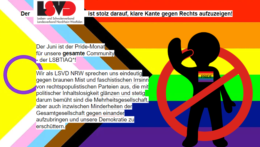 LSVD_NRW's tweet photo. Der @LSVD_NRW ist stolz darauf, klare Kante #gegenRechts aufzuzeigen!
Der Juni ist der Pride-Monat
für unsere gesamte Community
- der #LSBTIAQ*!
MENSCHENWÜRDE IST UNVERHANDELBAR!!! #PrideMonth2023 #NoAfD #KeinSchrittNachRechts https://t.co/NPxsdzZi0d