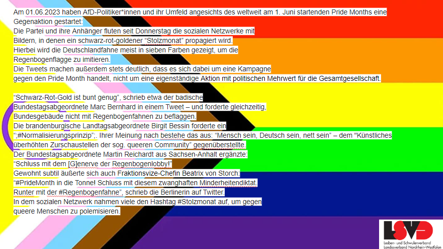 LSVD_NRW's tweet photo. Der @LSVD_NRW ist stolz darauf, klare Kante #gegenRechts aufzuzeigen!
Der Juni ist der Pride-Monat
für unsere gesamte Community
- der #LSBTIAQ*!
MENSCHENWÜRDE IST UNVERHANDELBAR!!! #PrideMonth2023 #NoAfD #KeinSchrittNachRechts https://t.co/NPxsdzZi0d