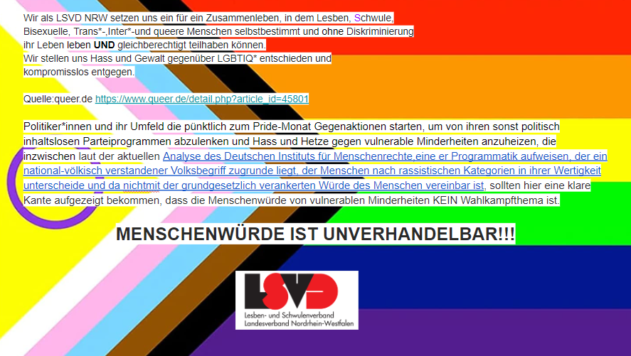 LSVD_NRW's tweet photo. Der @LSVD_NRW ist stolz darauf, klare Kante #gegenRechts aufzuzeigen!
Der Juni ist der Pride-Monat
für unsere gesamte Community
- der #LSBTIAQ*!
MENSCHENWÜRDE IST UNVERHANDELBAR!!! #PrideMonth2023 #NoAfD #KeinSchrittNachRechts https://t.co/NPxsdzZi0d