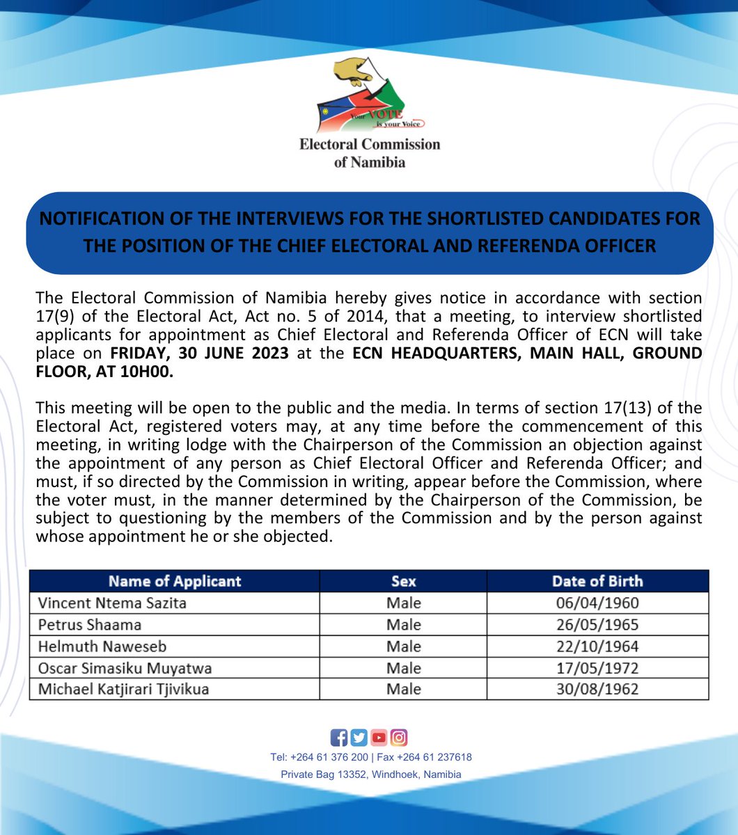 Announcement of the outcome of the shortlisted candidates for the Chief Electoral and Referenda Officer position. 
In summary, 12 applications were received. Although women were encouraged to apply, only one applicant was a woman and she unfortunately did not meet the requirement