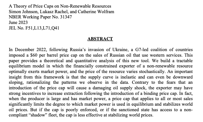 NEW PAPER:  A Theory of Price Caps on Non-Renewable Resources, w @baselinescene of @MITSloan & Catherine Wolfram @Kennedy_School  

In Dec 2022, G7 imposed a *price cap* on seaborne Russian oil sold into global markets. We study this new tool. Here’s what we do & what we find: