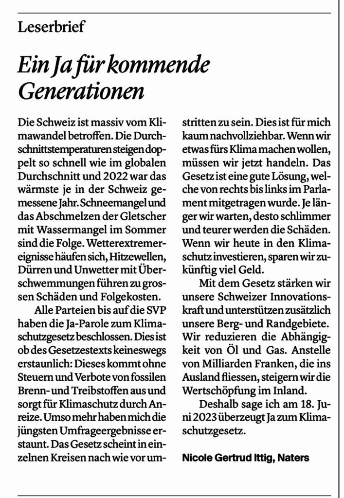 Mein Leserbrief
Am 18. Juni JA 🌎🌱<a href="/klimaschutzja/">JA zum Klimaschutz-Gesetz</a> 
<a href="/MitteFrauenCH/">Die Mitte Frauen Schweiz</a> 
<a href="/CentreFemmesCH/">Le Centre Femmes Suisse</a> 
<a href="/Mitte_Centre/">Die Mitte – Le Centre</a> 
<a href="/mitteoberwallis/">Die Mitte Oberwallis</a> 
<a href="/DieJungeMitteCH/">Die Junge Mitte Schweiz | Jeunes du Centre Suisse</a> 
#chvote #JAzumKlimaschutz #abst23   #Lebensgrundlage