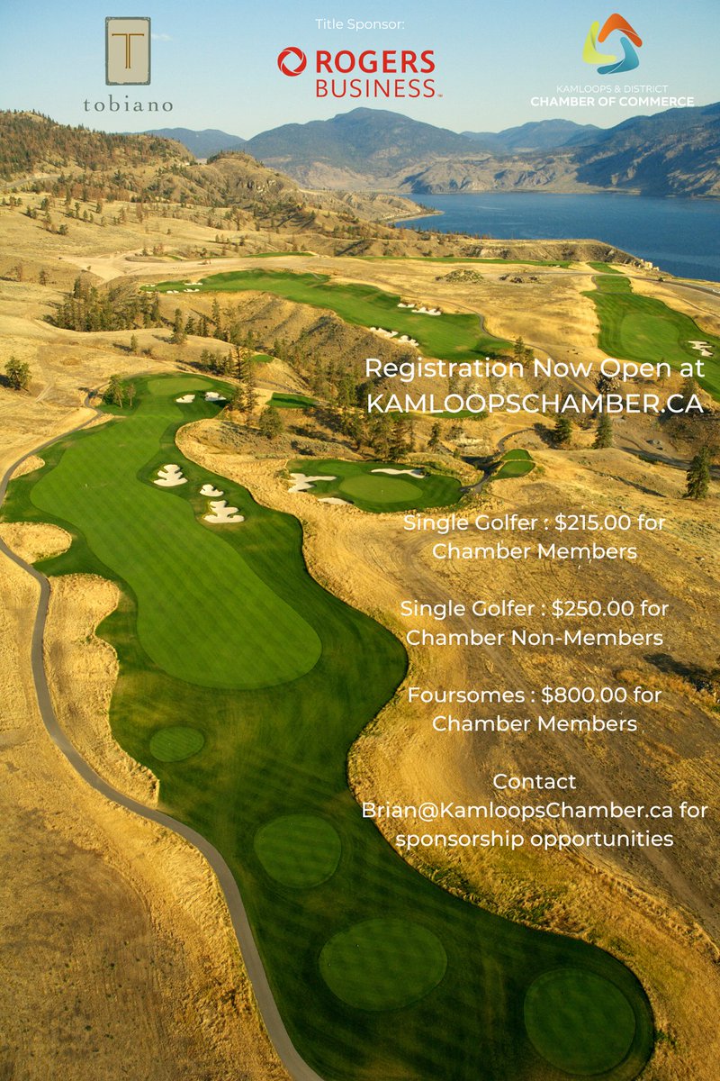 Registration now open at KamloopsChamber.ca for the 2nd Annual Golf Tourney sponsored by <a href="/Rogers/">Rogers</a> Business! Come join 143 other golfers, our tourney sponsors, &amp; a host of Kamloops &amp; District hole &amp; awards sponsors for a great day of golf &amp; fun at <a href="/Tobiano/">Laureen Fisher</a> Golf Course Sept 12
