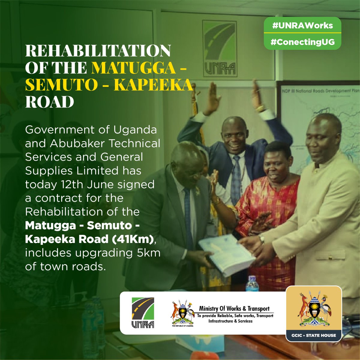 PeaceAkol's tweet photo. GOOD NEWS; 
Contact for the rehabilitation of the  MATUGGA-SEMUTO-KAPEEKA ROAD has been signed. 

The construction is scheduled to commence in August 2023,
#UNRAworks #ConnectingUG https://t.co/6sRxVWrFDm