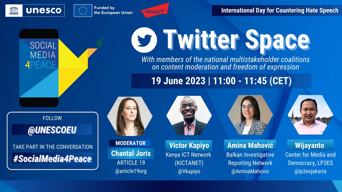 🗣️ Members of the multistakeholder coalitions on #ContentModeration & #FreedomOfExpression will share expertise & discuss solutions to counter online hate speech 👇

Moderated by Chantal Joris (@article19org).

Within @UNESCO project #SocialMedia4Peace📱🕊 funded by @EU_FPI🇪🇺