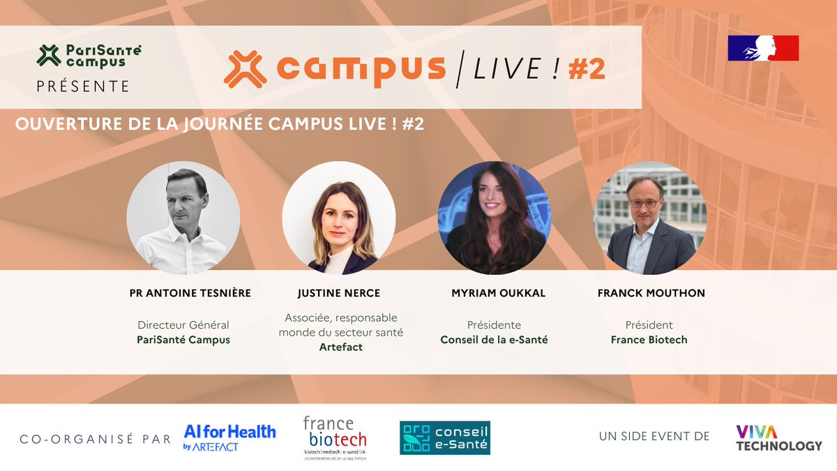 PariSanté Campus (@parisantecampus) on Twitter photo 🟠 #CampusLive2 🟠
Top départ pour cette journée exceptionnelle dans l'auditorium avec :
🎙️ Franck Mouthon - <a href="/FranceBiotech/">France Biotech</a>
🎙️ <a href="/JustineNerce/">Justine Nerce</a> - <a href="/ArtefactDigital/">Digital Artefact Studio</a>
🎙️ <a href="/myriam_oukkal/">Myriam Oukkal</a> - <a href="/c1esante/">Conseil de la E-santé</a>
🎙️ <a href="/AntoineTesniere/">Pr Antoine Tesniere</a> - <a href="/PariSanteCampus/">PariSanté Campus</a> 🟠 #CampusLive2 🟠
Top départ pour cette journée exceptionnelle dans l'auditorium avec :
🎙️ Franck Mouthon - <a href="/FranceBiotech/">France Biotech</a>
🎙️ <a href="/JustineNerce/">Justine Nerce</a> - <a href="/ArtefactDigital/">Digital Artefact Studio</a>
🎙️ <a href="/myriam_oukkal/">Myriam Oukkal</a> - <a href="/c1esante/">Conseil de la E-santé</a>
🎙️ <a href="/AntoineTesniere/">Pr Antoine Tesniere</a> - <a href="/PariSanteCampus/">PariSanté Campus</a>