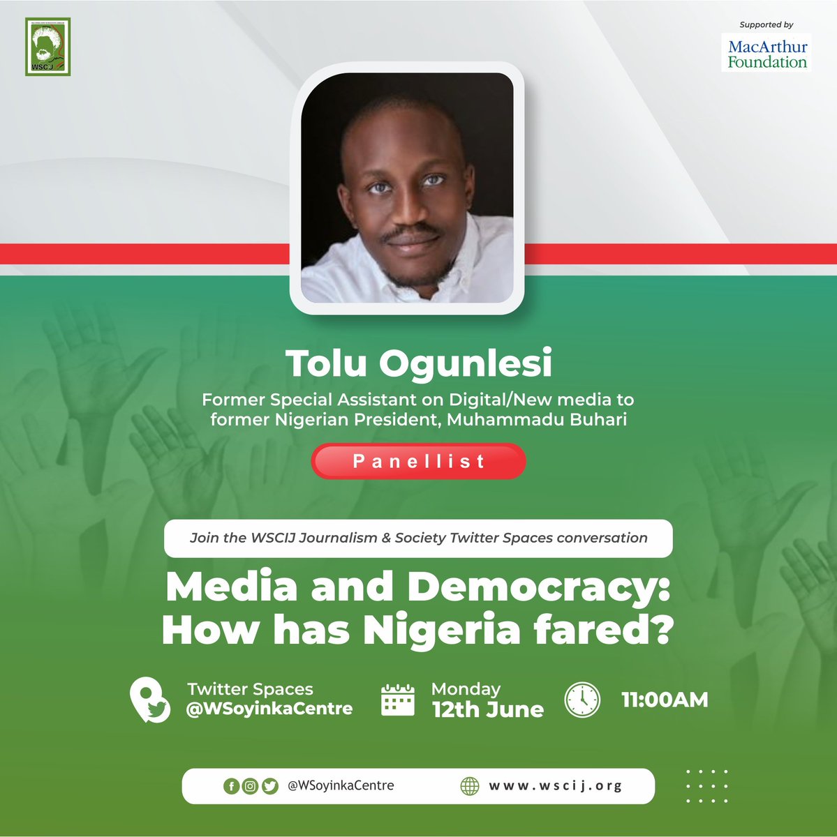 Join us for the ‘WSCIJ Journalism &amp; Society Twitter Spaces’ by 11am.
<a href="/DapsyOly/">Dapo Olorunyomi</a>, <a href="/sdin_jacob/">Stella Din-Jacob</a>, <a href="/HafsatKIND/">hafsat abiola-costello</a>, <a href="/toluogunlesi/">Tolu Ogunlesi, MON</a>, <a href="/AbangMercy/">Mercy</a> and <a href="/patrickallam1/">Patrick Allam</a> will discuss ‘Media and Democracy: How has Nigeria fared?’
It will be moderated by <a href="/chiomaezenwafo/">Chioma Ezenwafor anipr (IVLP Alumna)</a>
bit.ly/42mrB1y.