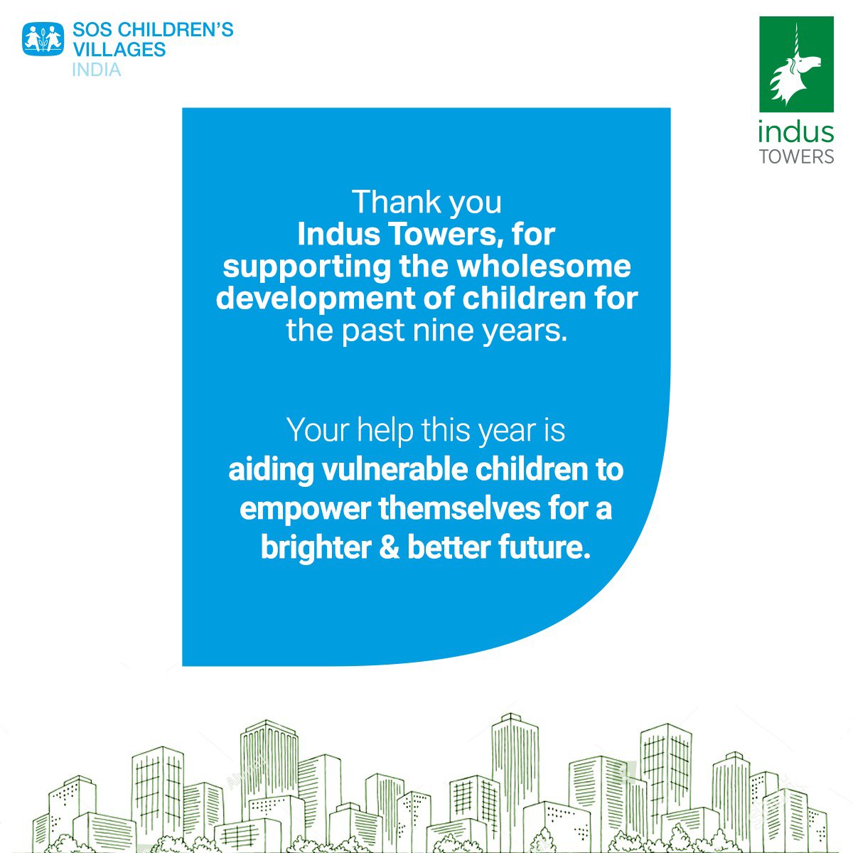 News! We are thrilled to announce the continuation of our incredible collaboration with Indus Towers Limited as we sign an agreement for this year in support of Project Nurture!

#SOSCVI #SOSIndia #WholesomeDevelopment #Empowering #Future #CSR #industowers