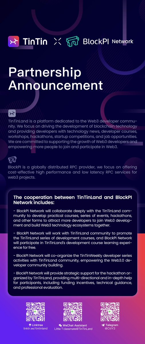 OurTinTinLand's tweet image. 🎉🚀Great news! We are thrilled to announce a partnership with #BlockPI. 

🌐⛓️@RealBlockPI is a distributed multi-chain acceleration layer, providing high performance and RPC services for #Web3 projects.

💫🙌🏻#TinTinLand and BlockPI will develop practical courses, series of