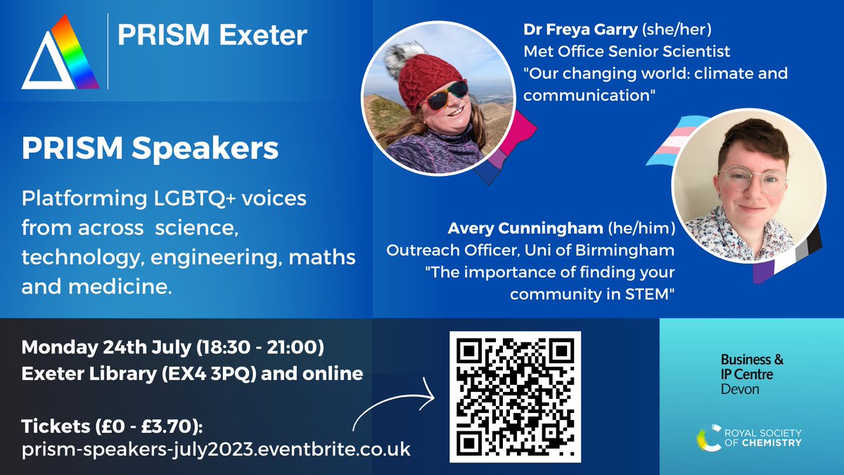 PRISM Exeter's Speakers series returns Mon 24 July  @ExeterLibrary, with talks from @freyagarry (@metoffice Senior Scientist) & @nuqueerengineer (@IOM3_Pride chair). Come along & meet members of the regional LGBTQ+ STEMM community!
#PrideMonth #LGBTinSTEM #QueerSTEM