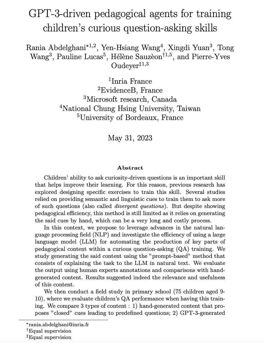 pyoudeyer's tweet photo. Can #LLMs help children learn in classrooms? 🧒🏼🎓

💡Yes! Super happy to share this field study wth #GPT helping 9-10 yo to learn asking curiosity-driven questions!🔍🤔

Amazing work led by @RaniaABDBenAmar @FlowersINRIA @T_EvidenceB #education #edTech

📖https://t.co/bP26nQpHdk https://t.co/lHl7xlqFpR