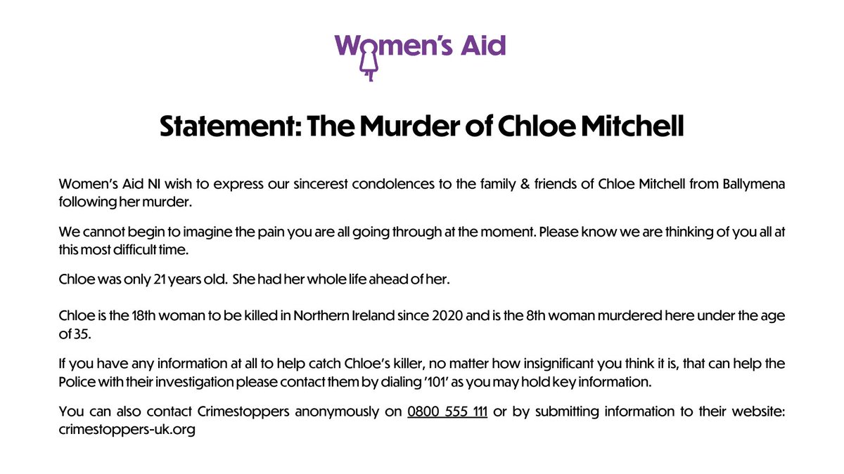 Women's Aid statement on the murder of Chloe Mitchell. 

If you need help or support please contact us or visit causewayandmidulsterwomensaid.org.uk