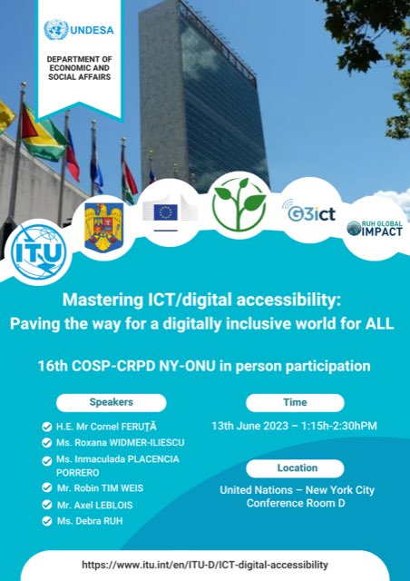 Tomorrow @ITU jointly with @RomaniaUN_NY, @ZeroProject ,@EU_Commission, @G3ict, @RuhGlobal invite you to pave the way for a digitally #inclusive world for ALL,  @UN in NY #CoSP16 to #CRPD! Join us!
#ICTaccessibility
#digitalinclusion