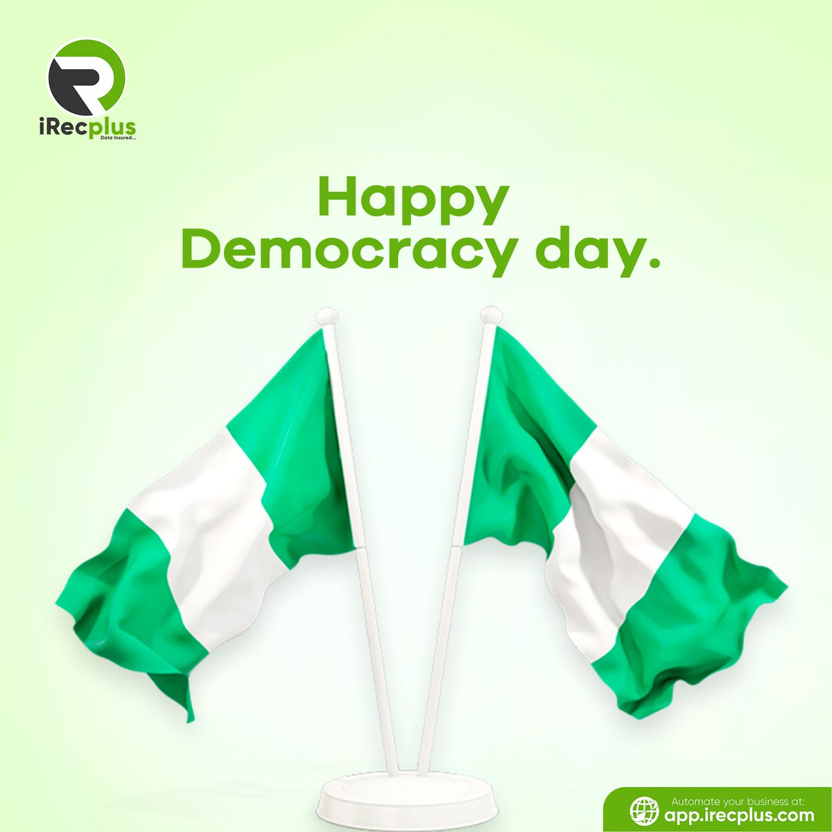 IRecplus's tweet photo. Happy Democracy Day Nigeria! 🇳🇬🎉🍀
Enjoy a work and stress free public holiday with iRecplus.
Your business's Right Hand Man!🍀🎉
#iRecplus #democracyday #nigeria #june12 #business #businessowners https://t.co/p4PHyQ9v59