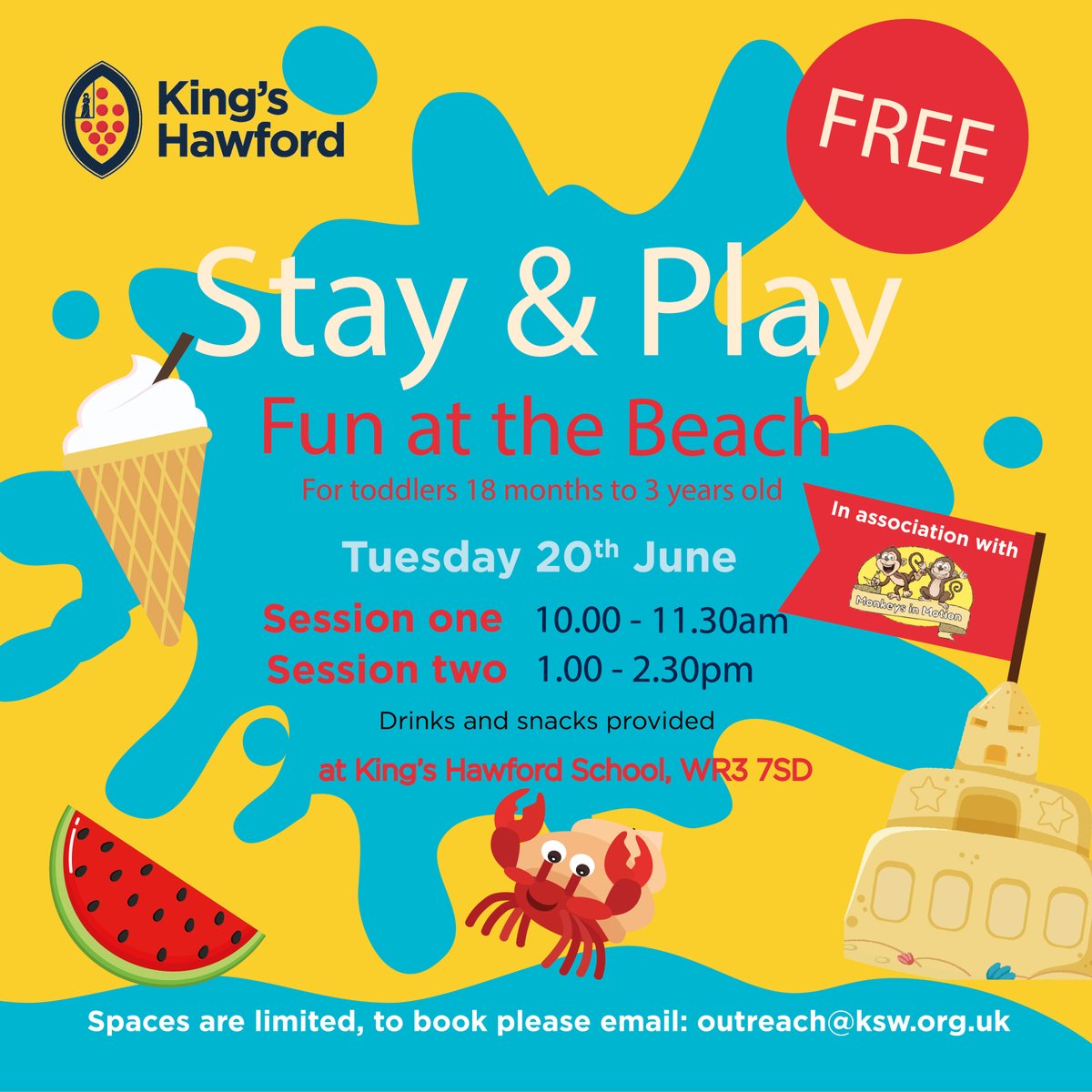 Join us for a fun, stay &amp; play session for toddlers aged 18 months to 3 years. On Tues 20th June we are teaming up with <a href="/monkeys_motion/">Monkeys In Motion</a> for some beach fun. Your little ones can expect to sing, dance &amp; have fun at the beach!
Spaces are limited. Book your space: outreach@ksw.org.uk