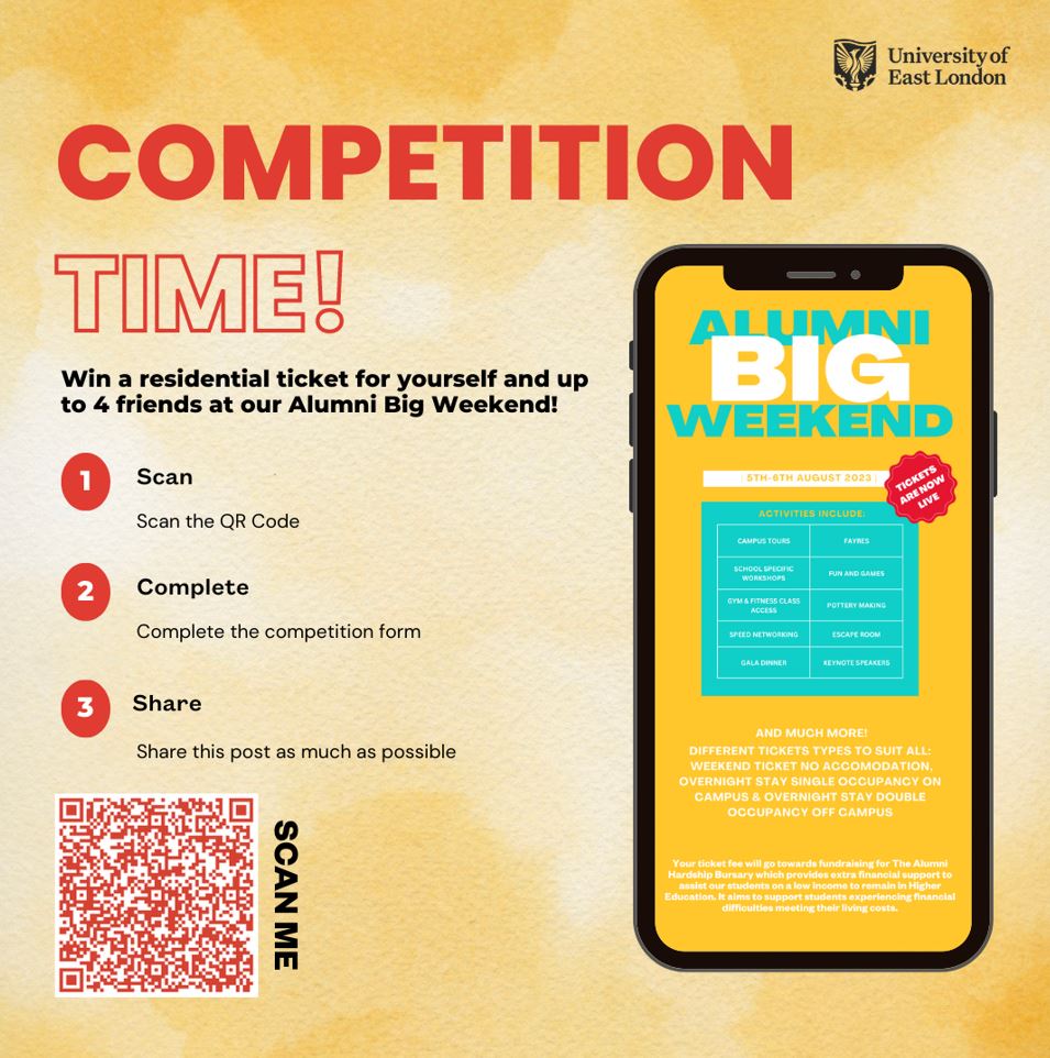 UELAlumni's tweet photo. Competition time! 📣 

Win a residential ticket for you &amp; up to 4 friends at our Alumni Big Weekend!

Scan QR code ➡️ Complete form ➡️ Share this post!

Competition closes Friday 16th June https://t.co/hsJohI6zXZ