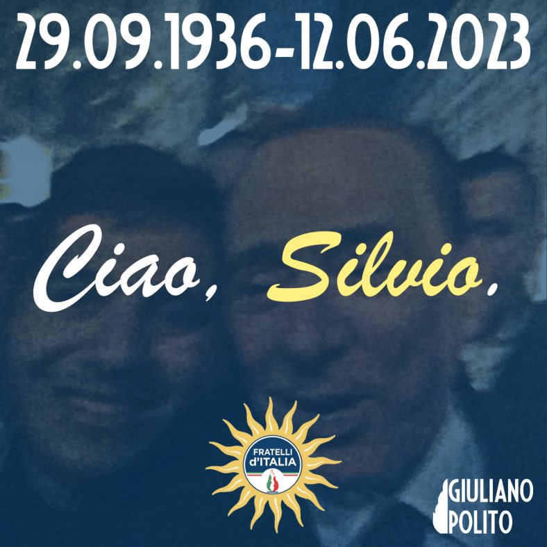 Oggi, il Sen. Silvio @berlusconi è andato avanti: è stato uno dei più grandi imprenditori italiani del Novecento e un politico di razza tale da fondare una coalizione, il Centrodestra, tuttora maggioritaria nell’Italia reale e da guidare - in qualità di Presidente del Consiglio -