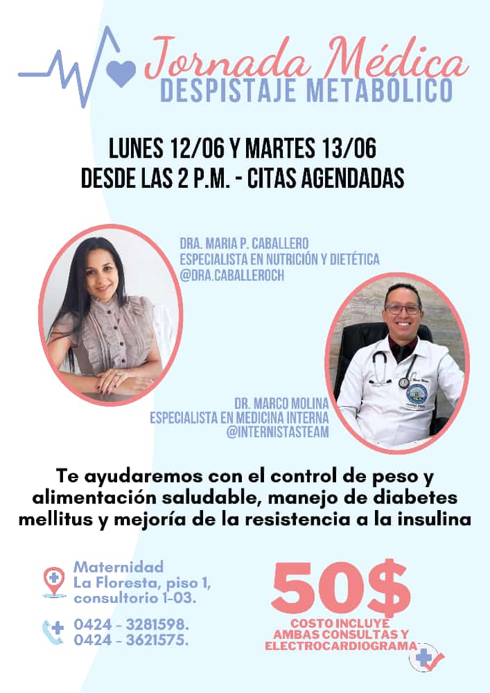 HOY y Mañana♥️ Jornada especial de despistaje metabólico 👩🏻‍⚕️Valoración nutricional, aesoria en alimentación, control de diabetes y mejoría de resistencia a la insulina 👨🏻‍⚕️Recuerda que los chequeos periódicos son importantes, la prevención es primordial para todos📲 04243281598
