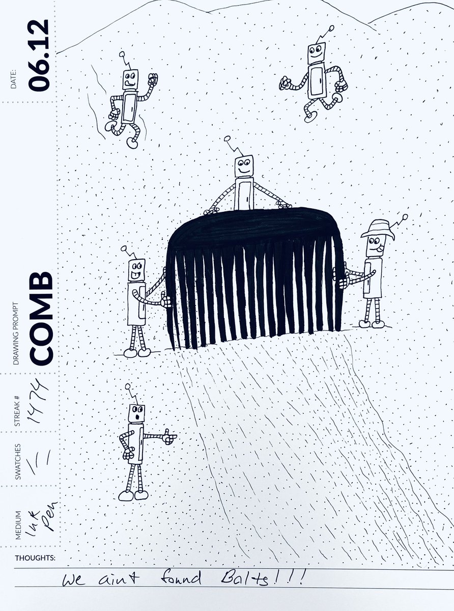 SoundtrackAlley's tweet image. Day 12. Comb. My robots comb the desert for more trinkets and treasure. #comb #SimpleDailyDrawing #June2023 #drawingprompts #robots #frumpysketch @SimpleDailyDra2