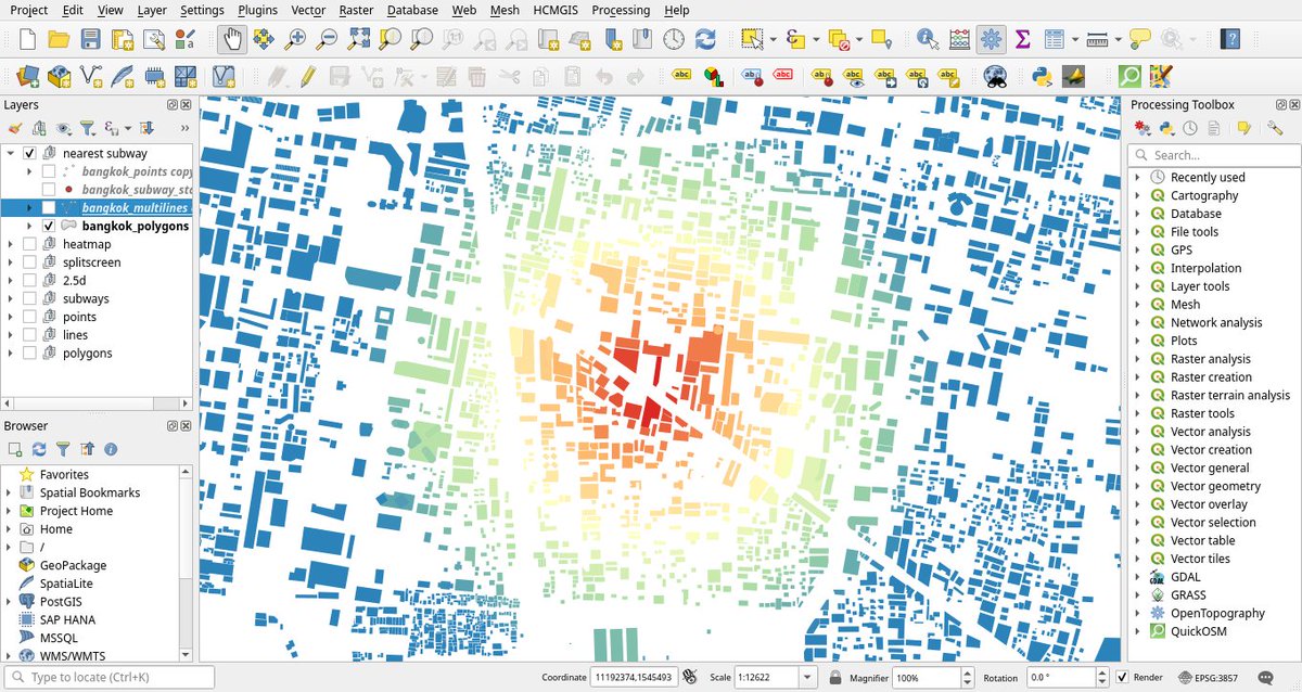 Use a distance function to color polygons in #qgis, like building distance to subway stations in #OpenStreetMap