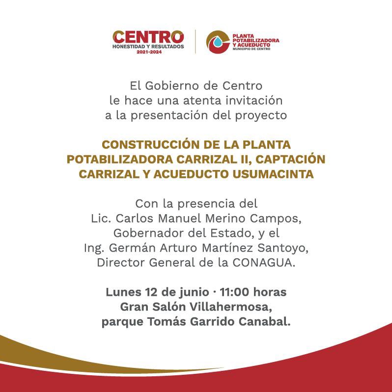 Nos vemos hoy a las 11:00 en el Gran Salón Villahermosa.

Presentación del Proyecto de Construcción de la Planta Potabilizadora Carrizal II, Captación Carrizal y Acueducto Usumacinta.