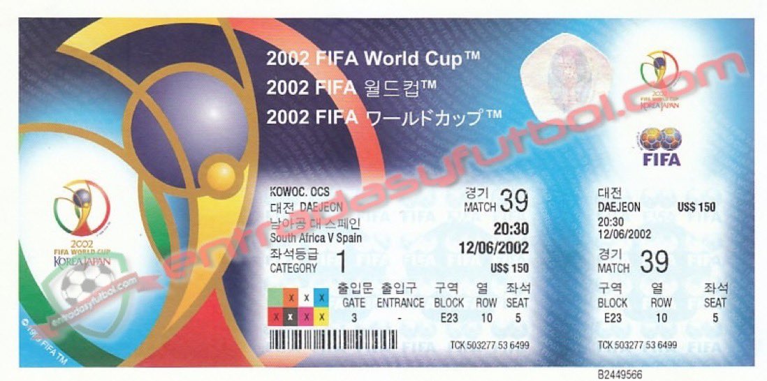 entradasyfutbol's tweet photo. 📆 12 de junio 2.002

🇿🇦@SAFA_net 2-3 @SeFutbol 🇪🇸

🏟️ #Daejon #CoreadelSur 🇰🇷
🏆 Fase de Grupos #WorldCup02 

📢📢 https://t.co/M333oD1ob4

#entradas #tickets #futbol #collector #footballticketcollector #footballtickets  #fifa #uefa #spain #españa #SouthAfrica https://t.co/MRoF8TtaKc